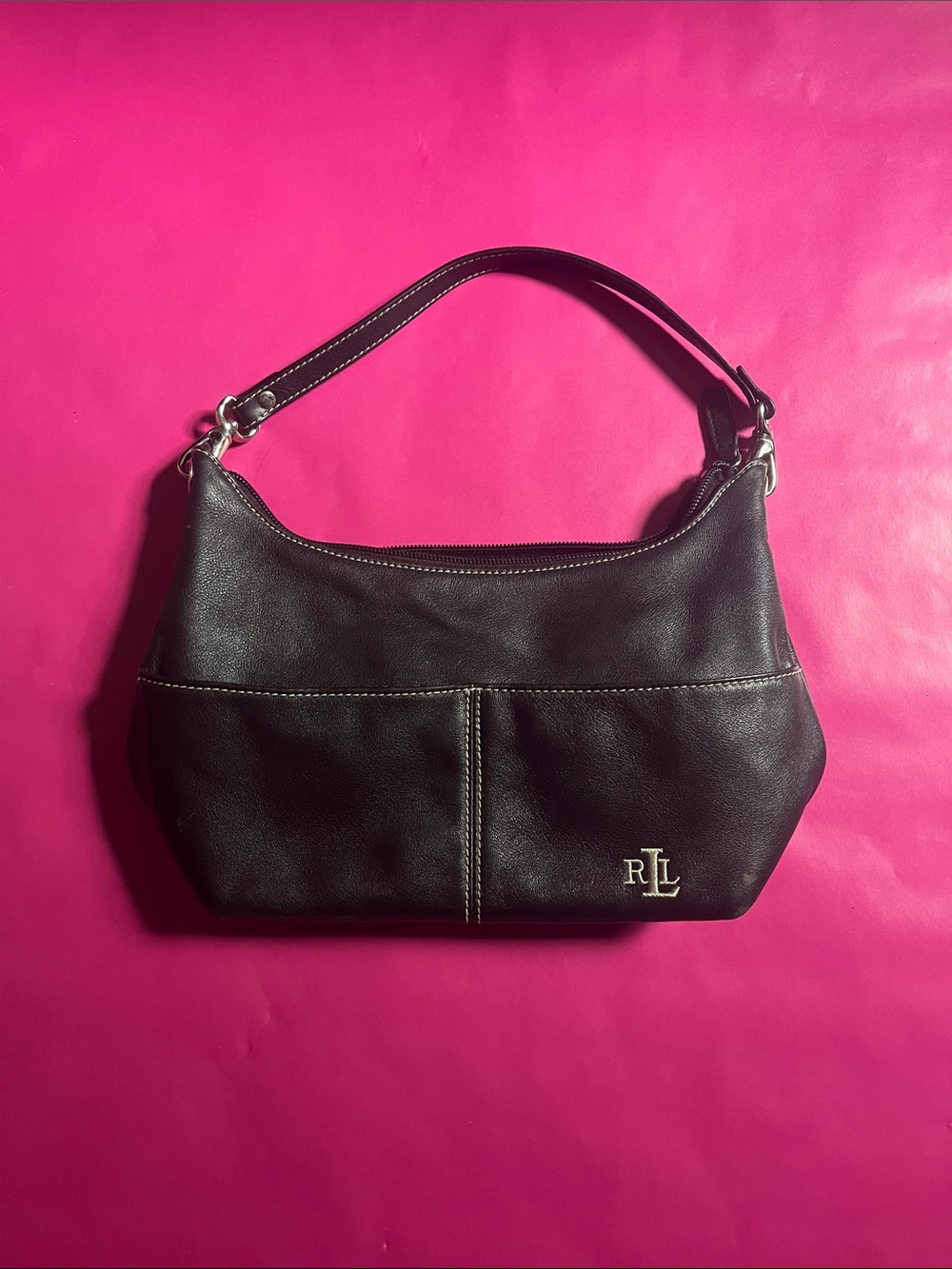 Ralph Lauren Black Leather Shoulder Bag with RL Monogram